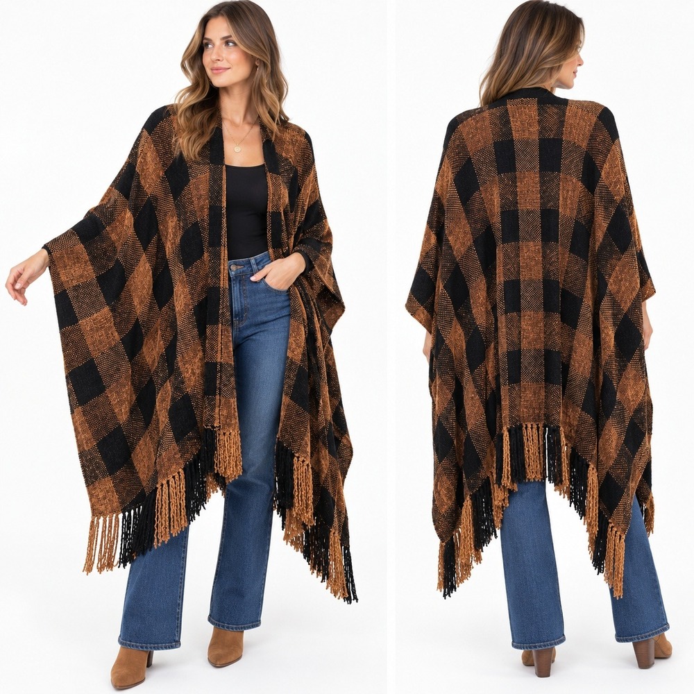 Vintage 90s Churchill Handwoven Cape Poncho Ruana Black Camel Plaid Fringe OS